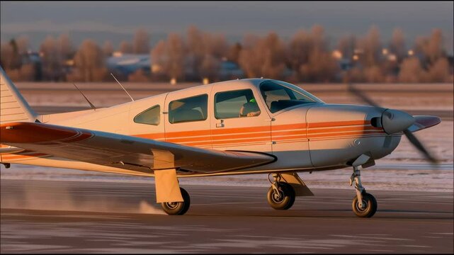Private aircraft moving along runway during golden sunrise, pilot visible inside cockpit, capturing serene morning aviation scene with warm light