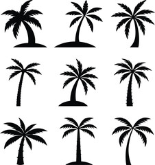 Fototapeta premium Nine Different Black Palm Tree Silhouettes Vector Icon Set