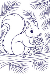 Obraz premium Squirrel holding pine cone on tree branch in outline style