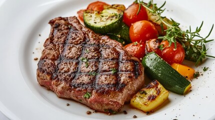Fresh grilled meat with vegetable medley on a white ceramic plate, nutrition-focused photo generative ai