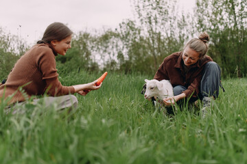 Fototapeta premium Middle aged woman enjoying active and healthy lifestyle outdoors with a small goat, surrounded by green nature, promoting wellbeing and wellness in a natural community setting.