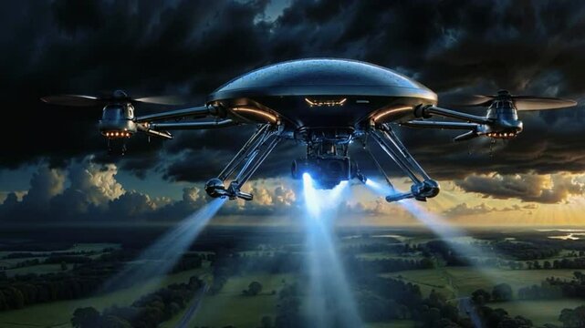 A futuristic drone with a sleek, aerodynamic design. It features a domed canopy and is emitting bright lights from its body. The background shows a dark, cloudy landscape.