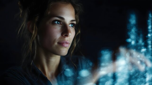 Woman analyzing holographic investment data