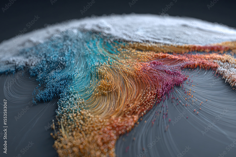 Poster vibrant colors create intricate patterns on a 3d surface, showcasing geographical contours and dynam
