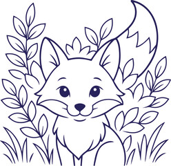 Cute fox sitting in forest bushes outline illustration