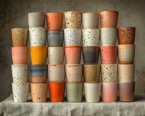Stacked colorful mugs in various shades