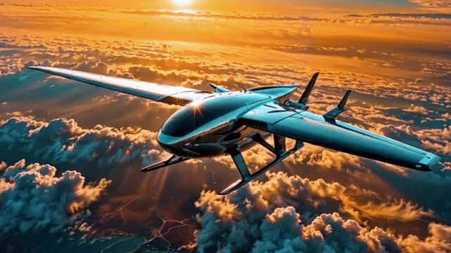 A futuristic drone flying above the clouds during a beautiful sunset. The drone has a smooth, aerodynamic design and is set against a stunning backdrop of orange and blue hues.