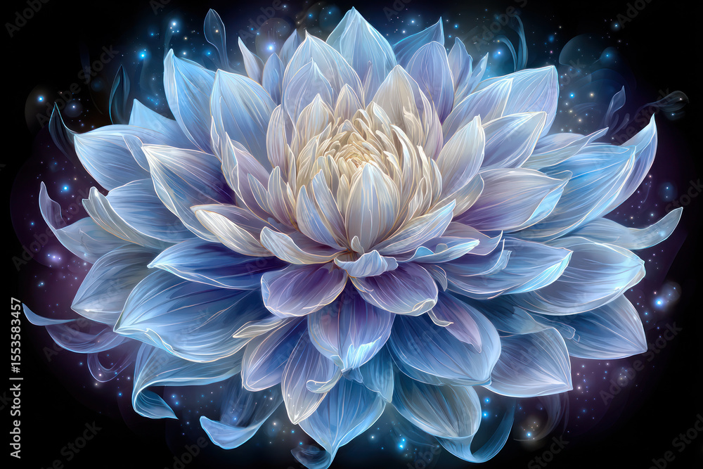 Poster a stunning blue lotus blooms with delicate layers and soft light, creating an enchanting scene again