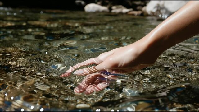 Sunlight filtering through clear water, cascading over rocks, female hand softly touching mountain creek, embodying tranquil wilderness purity