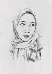 Fototapeta premium Pensive Woman in Hijab - Pencil Sketch