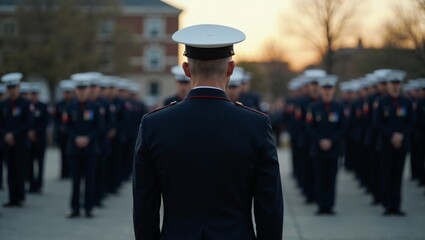US Coast Guard officer facing formation at sunset ceremony