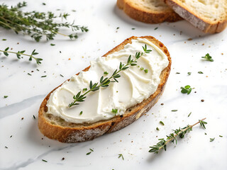A slice of bread topped with cream cheese and thyme sprigs on a white marble surface close up view