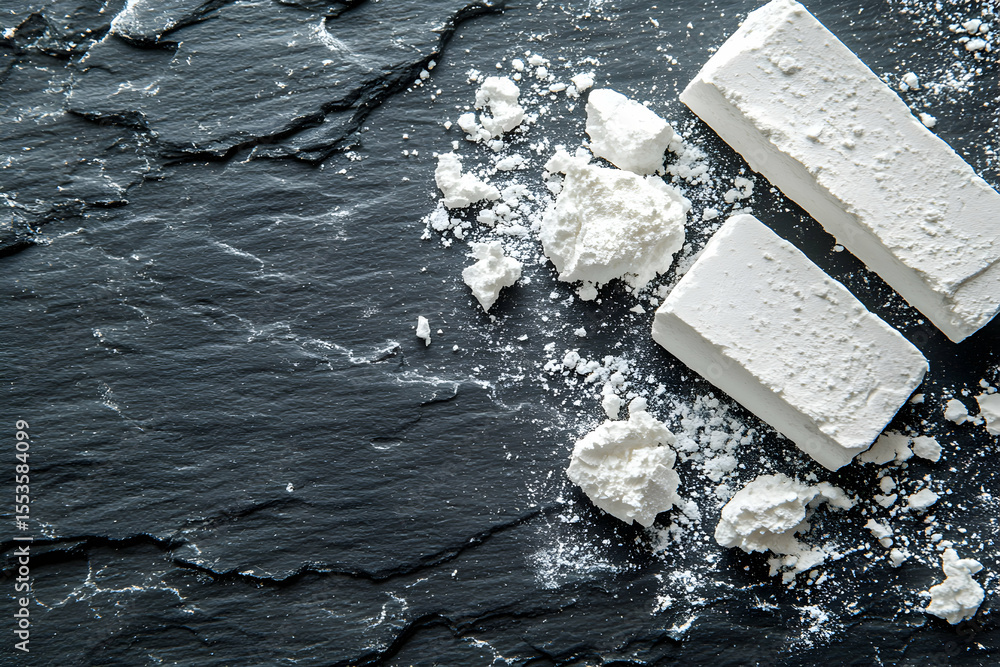 Poster close-up view of white chalk blocks and powder scattered on a dark slate surface; texture and contra