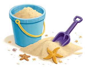A blue bucket filled with sand next to a purple shovel and starfish on a white background illustration