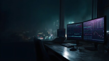 Night trading setup with luminous financial dashboards and moody lighting