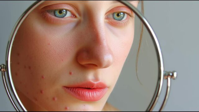 Young woman examining facial skin, touching acne prone cheek with worried expression while closely inspecting complexion in small mirror