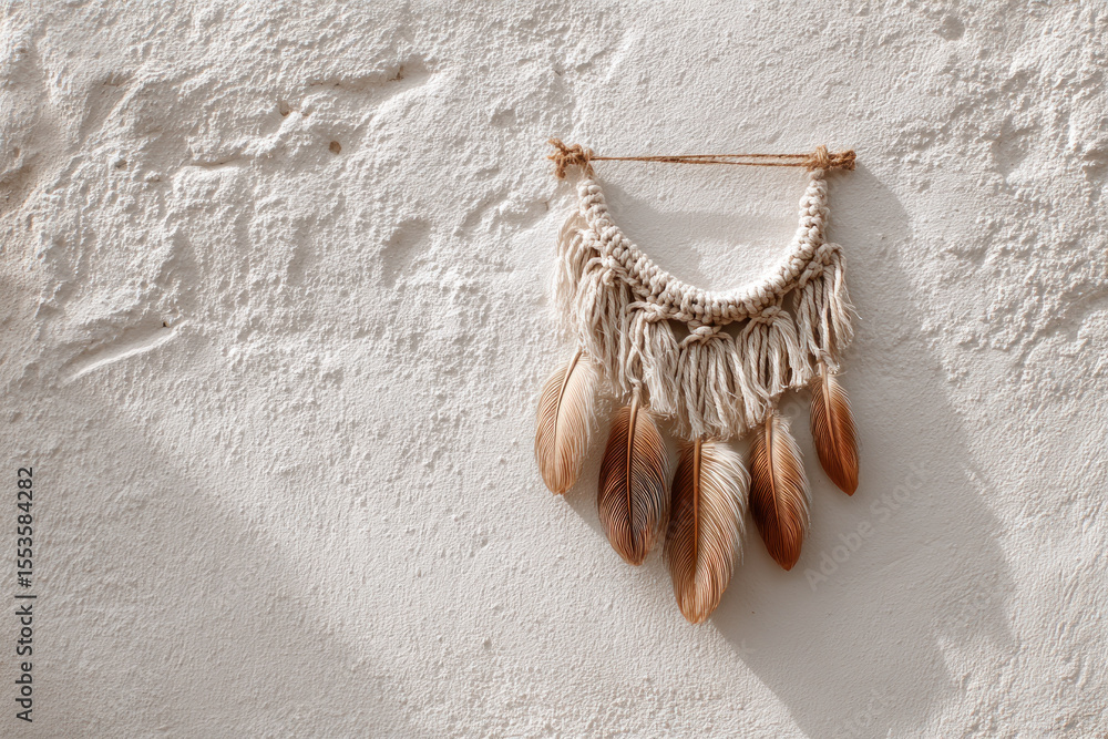 Poster macrame artwork adorned with feathers is displayed against a rustic white wall, illuminated by soft 