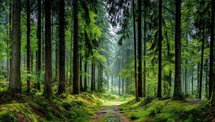 Lush forest path in a dense woodland