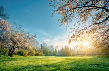 Spring blossoms in a park at sunrise