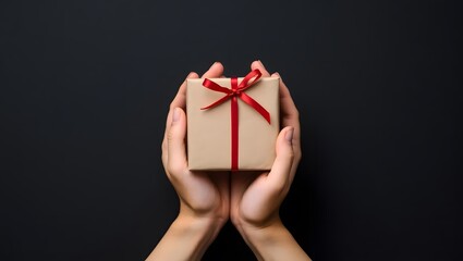Woman's hands gently holding a small kraft paper gift box with a red ribbon; minimalist, elegant, and celebratory.