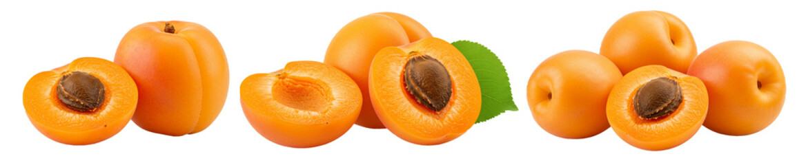 Apricots arranged in different views on white background  