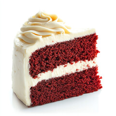 A slice of red velvet cake isolated on white background looks appetizing