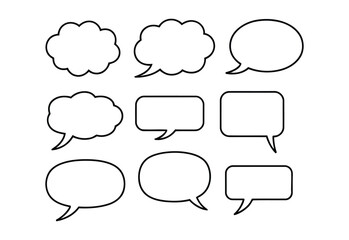 Collection of nine different black and white speech bubbles and thought bubbles