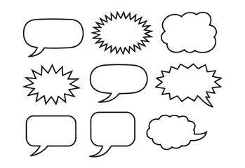 Collection of nine diverse black and white speech bubble and thought bubble outlines