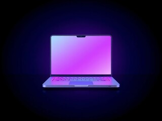 laptop with glowing screen in purple and blue colors on dark background