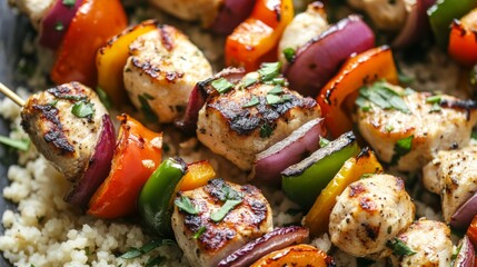 Grilled chicken skewers with bell peppers, onions, and couscous, fitness food idea generative ai