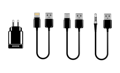 Set of minimal icons with power adapter and various USB cables, including audio and compact connectors. Isolated without background. Perfect for electronics and mobile device content.