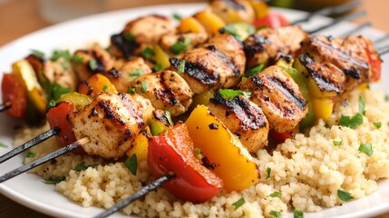 Grilled chicken skewers with bell peppers, onions, and couscous, fitness food idea generative ai