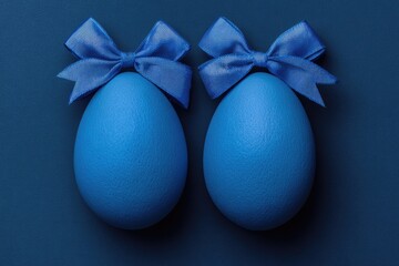Two vibrant blue eggs, adorned with matching blue bows, on a deep navy background