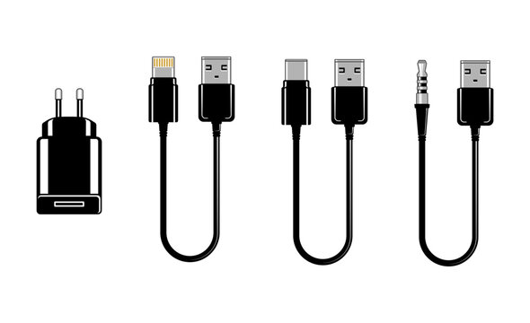 Set of minimal icons with power adapter and various USB cables, including audio and compact connectors. Isolated without background. Perfect for electronics and mobile device content.