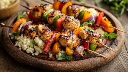 Grilled chicken skewers with bell peppers, onions, and couscous, fitness food idea generative ai