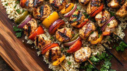 Grilled chicken skewers with bell peppers, onions, and couscous, fitness food idea generative ai