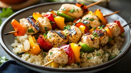 Grilled chicken skewers with bell peppers, onions, and couscous, fitness food idea generative ai