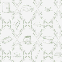 Toile Inspired Memories of Homemade Bread in Sage Green as Sifters and Wheat Flour Tins in Diamond Shapes creating a seamless pattern print