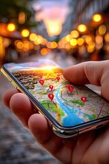 Close-up of hand holding smartphone with glowing map with location markers on blurred background