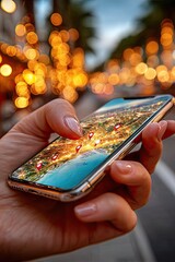 Close-up of hand holding smartphone with glowing map with location markers on blurred background