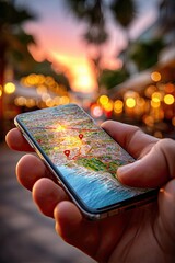 Close-up of hand holding smartphone with glowing map with location markers on blurred background