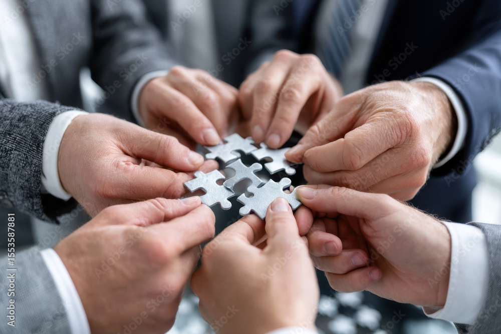 Poster hands working together to solve a puzzle in a collaborative business environment