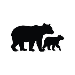 Silhouette of a mother bear walking with her cub next to her
