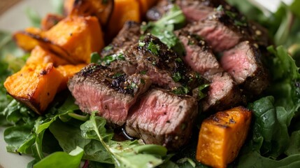 Grilled steak with mixed greens and roasted sweet potatoes, healthy balanced meal generative ai