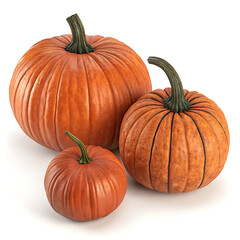 A group of three orange pumpkins of varying sizes sitting on a white surface with visible stems
