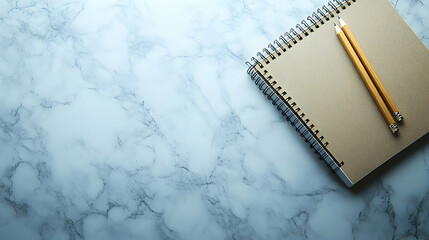 Blank spiral notebook and pencils on marble background; minimalist workspace. Perfect for planners, organizers, and creatives.