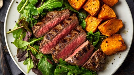 Grilled steak with mixed greens and roasted sweet potatoes, healthy balanced meal generative ai