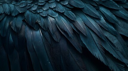 Obraz premium Detailed macro photography of raven plumage texture showcasing iridescent feather patterns and avian wing close up