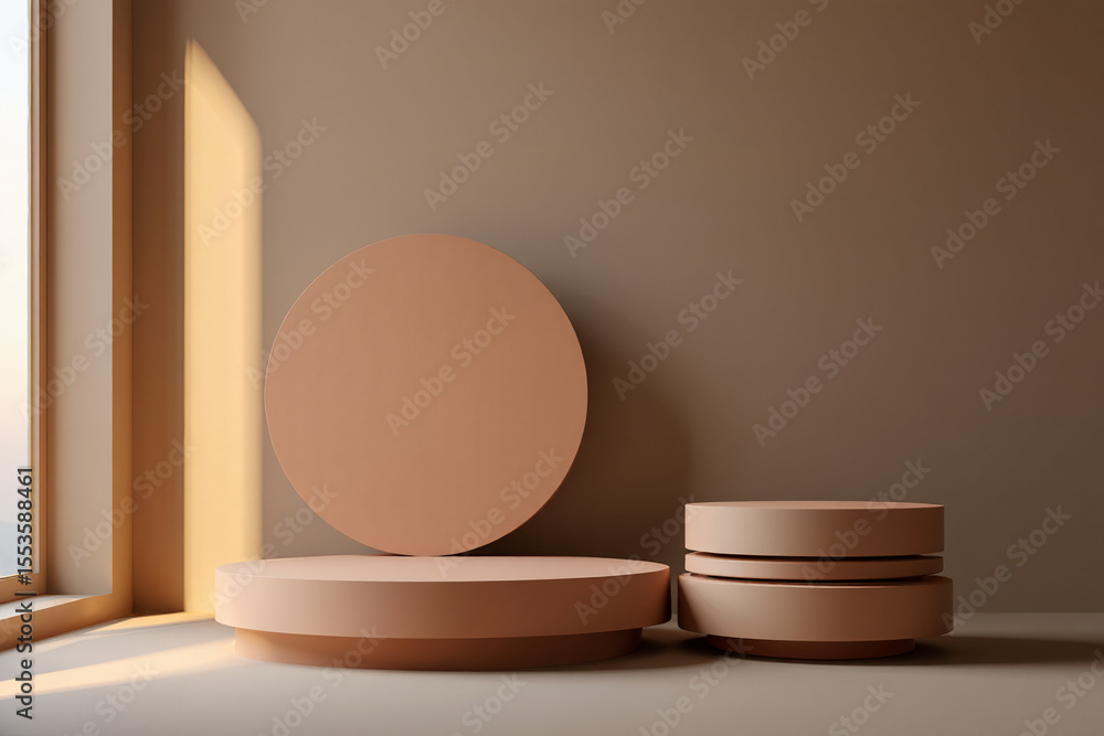 Poster minimalist scene with round platforms and a circular backdrop in soft lighting