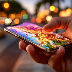 hand holding smartphone with map with location marks on blurred background. hologram